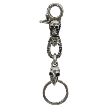 Full view of the Skull Gothic Sterling Silver Keychain featuring two distinct skulls on the clasp and key ring ends.