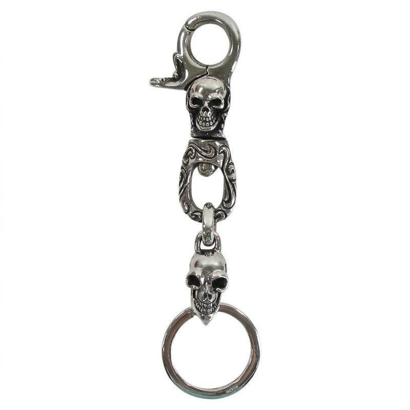Full view of the Skull Gothic Sterling Silver Keychain featuring two distinct skulls on the clasp and key ring ends.
