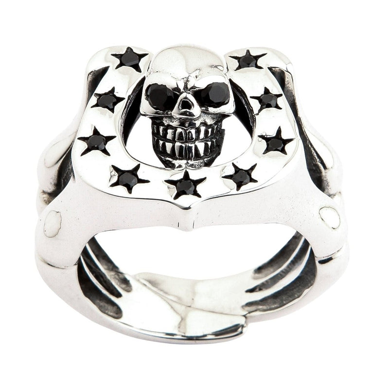 Sterling silver skull horseshoe ring with black CZ stones front view showing detailed skull face and star accents