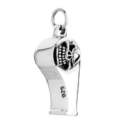 A functional skull whistle pendant in solid sterling silver, showing the detailed and oxidized skull on the side.