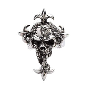 Front view of sterling silver ring featuring a skull entwined with a snake in a Fleur de Lis shape.