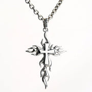 Front view of solid 925 sterling silver flame cross pendant