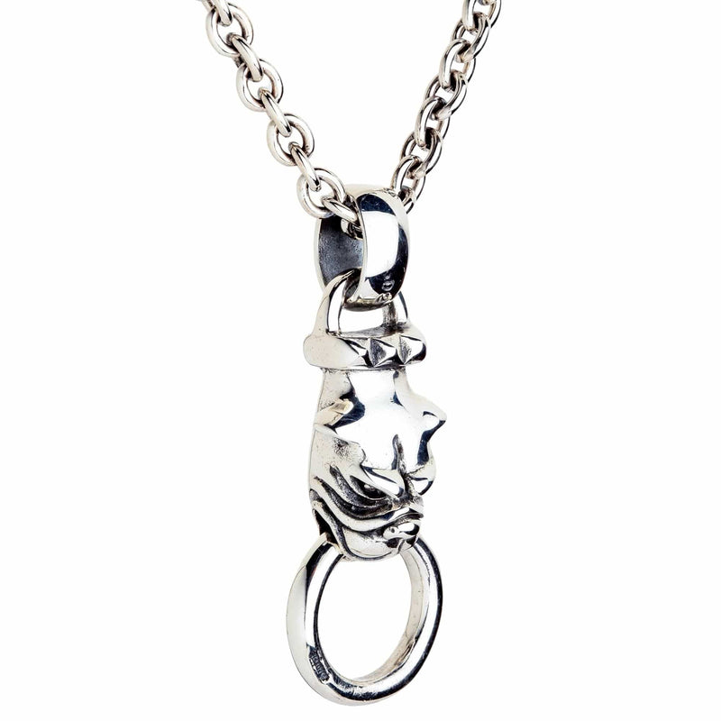 Angled view of handcrafted bulldog head pendant with detailed wrinkles