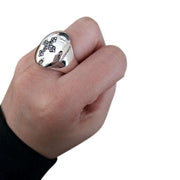 Man wearing the amethyst cross ring on the index finger, demonstrating the 18mm x 22mm size.