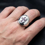 Man wearing the amethyst cross ring on the index finger, demonstrating the 18mm x 22mm size.