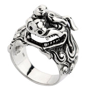 A solid sterling silver Pixiu ring, a powerful and detailed Feng Shui symbol for attracting wealth and good fortune.