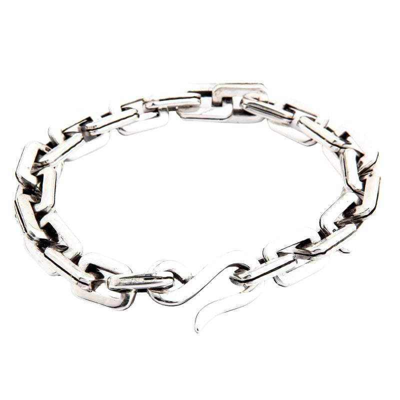 A heavy sterling silver bike chain bracelet with a secure S-hook clasp, shown on a clean white background.