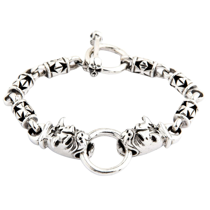 Full view of heavy sterling silver bulldog bracelet with iron cross links