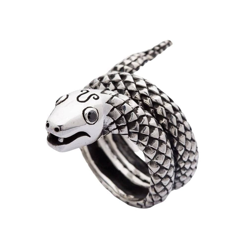 925 sterling silver coiled snake ring with black CZ eyes front view showing detailed scales