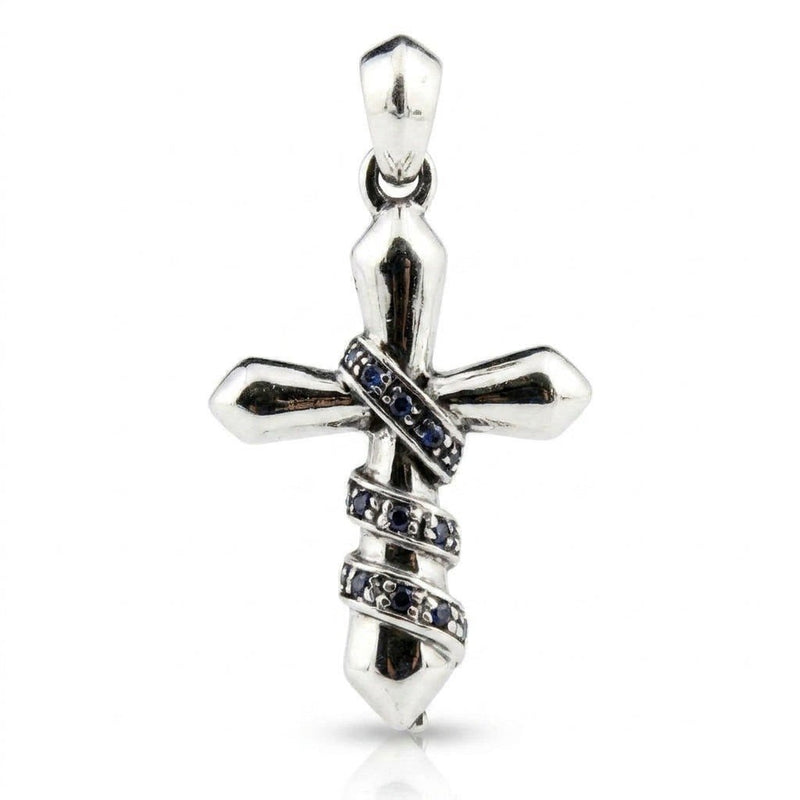 Front view of a .925 sterling silver cross wrapped with sculpted chains featuring inset blue cubic zirconia stones