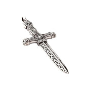 Angled view of the sterling silver dagger pendant, showing the medieval hilt and fleur-de-lis.