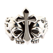 A solid sterling silver double skull cross ring for men, a classic piece of biker jewelry.