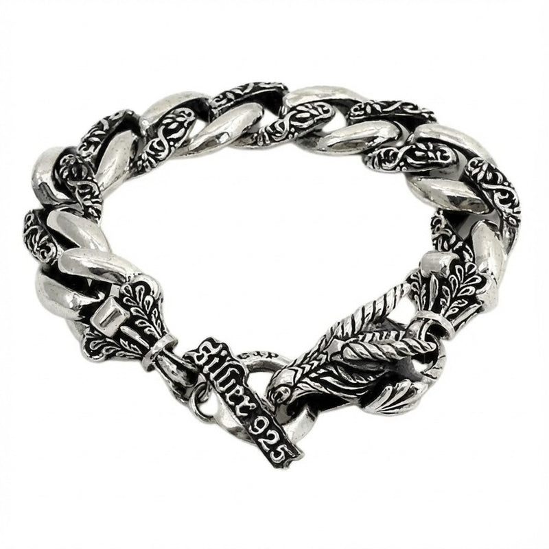 Gesamtansicht eines schweren T-Bar-Armbands aus Sterlingsilber mit Drachenmotiv für Herren
