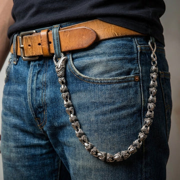 Man wearing heavy sterling silver dragon claw wallet chain on blue jeans