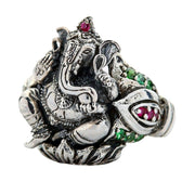 Angled view of the sterling silver Ganesha ring, showing the elephant god and gemstone details.