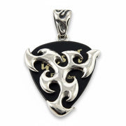 A solid sterling silver guitar pick holder pendant with an edgy, tribal flame design.