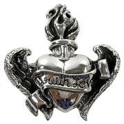 Front view of 925 sterling silver Gothic heart pendant with wings and flame design