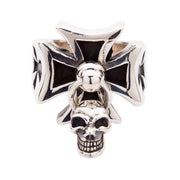 Front view of Sterling Silver Iron Cross Ring with Dangle Skull charm