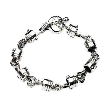 Uma pulseira de pistão de motocicleta em prata esterlina sólida com elos detalhados e articulados e um fecho de T-bar seguro.
