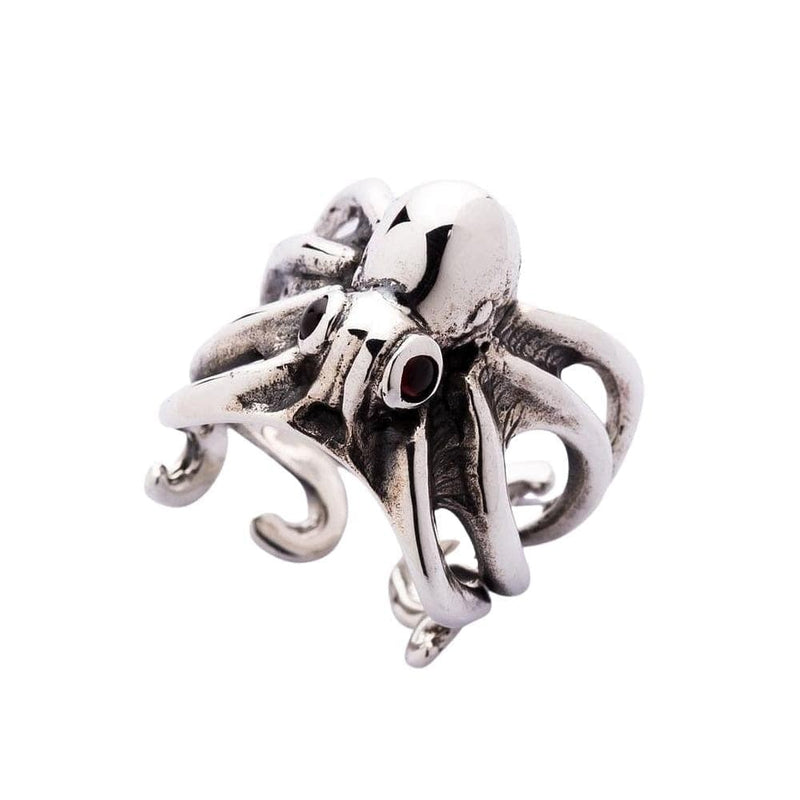 Anello in argento sterling a forma di polpo con occhi di granato rosso, vista frontale che mostra i tentacoli dettagliati