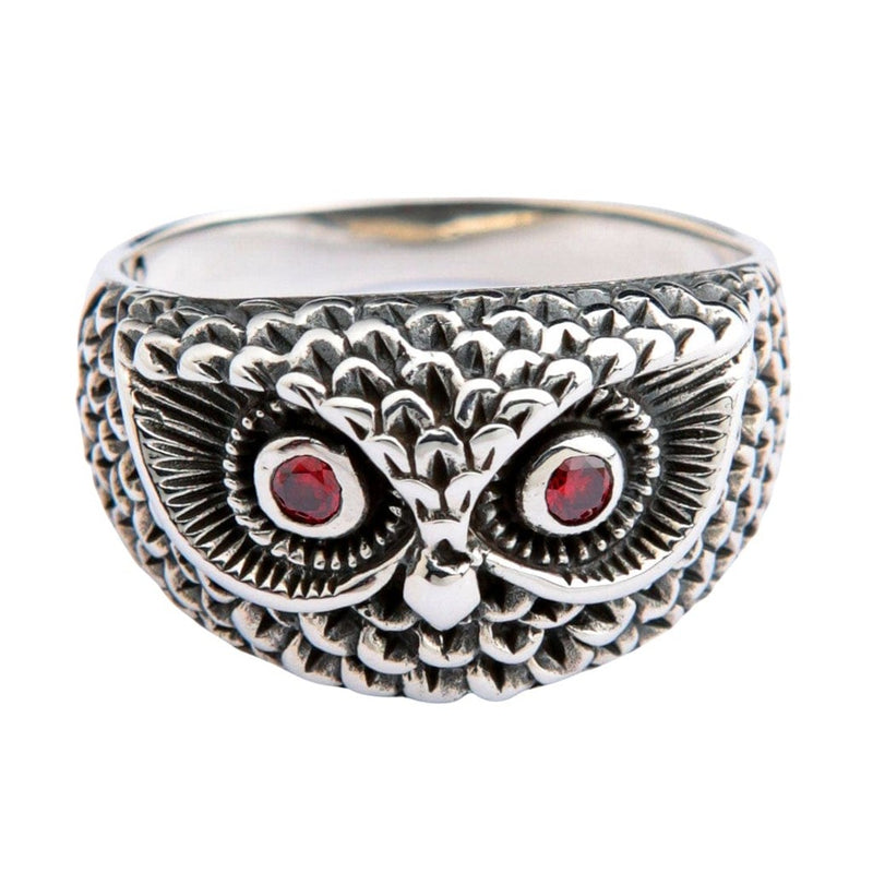 Sterling silver owl ring with red garnet eyes and detailed feather texture front view