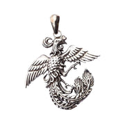 A solid sterling silver phoenix pendant, a beautiful and detailed symbol of rebirth and renewal, with intricate feathers.