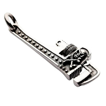 Sterling silver pipe wrench pendant with skull and crossbones front view
