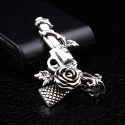 925 sterling silver revolver and rose pendant showing intricate front details with crosshatch grip texture