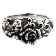 Sterling silver skull and rose ring with intricate gothic details