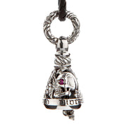 A solid sterling silver Guardian Bell charm for bikers, featuring a detailed skull and a smaller skull clapper.