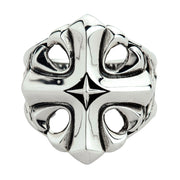 A front view of the sterling silver star cross ring, showing the polished cross and central star engraving.