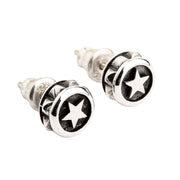 Angled view of the 8mm men's star stud earrings showing the polished star and textured sides.