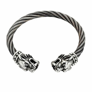 Sterling silver tiger head cuff bracelet with twisted stainless steel cable band front view