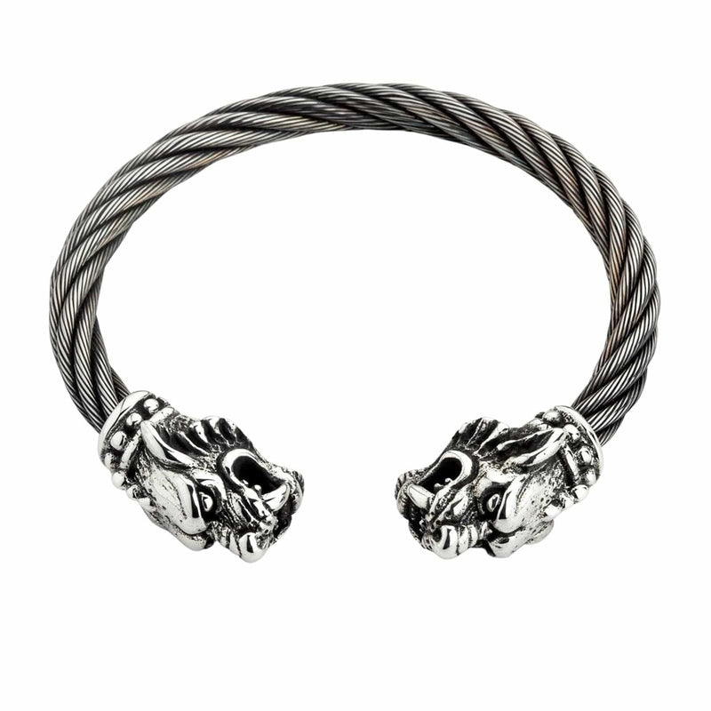 Brazalete de cabeza de tigre de plata esterlina con banda de cable de acero inoxidable retorcido vista frontal