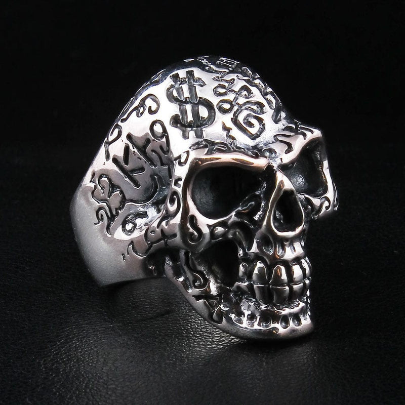 Tattoo skull ring in 925 sterling silver with engraved dollar signs side view