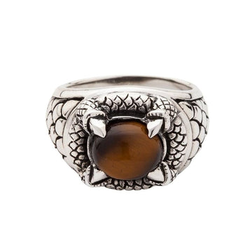 Tiger's eye klo ring forsidevisning med 14mm ædelsten i 925 sterling sølv drageskala indstilling