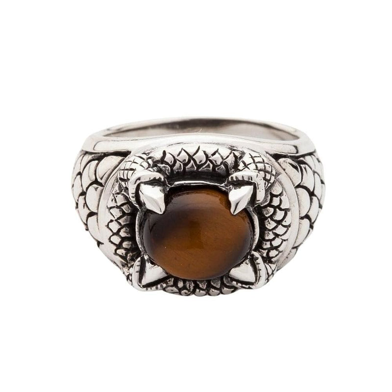Anillo de garra con ojo de tigre, vista frontal que muestra la gema de 14mm en un engaste de escamas de dragón de plata de ley 925.
