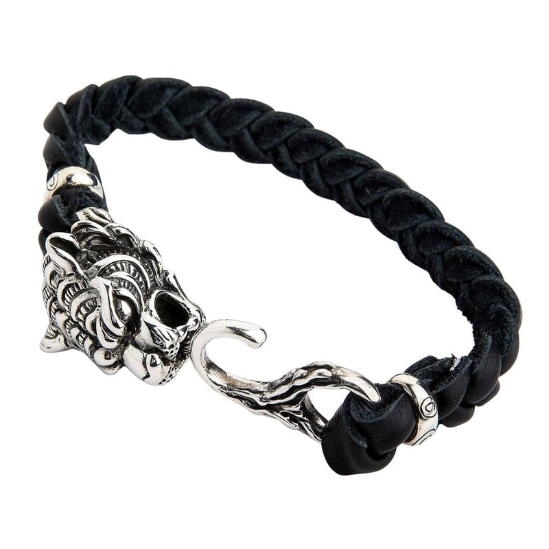Tiger head sterling silver bracelet with black braided leather band front view showing detailed clasp