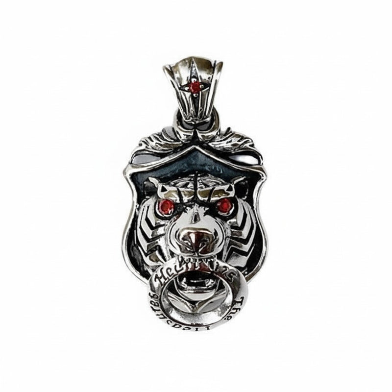 Front view of the solid 925 sterling silver tiger knocker pendant with red eyes.
