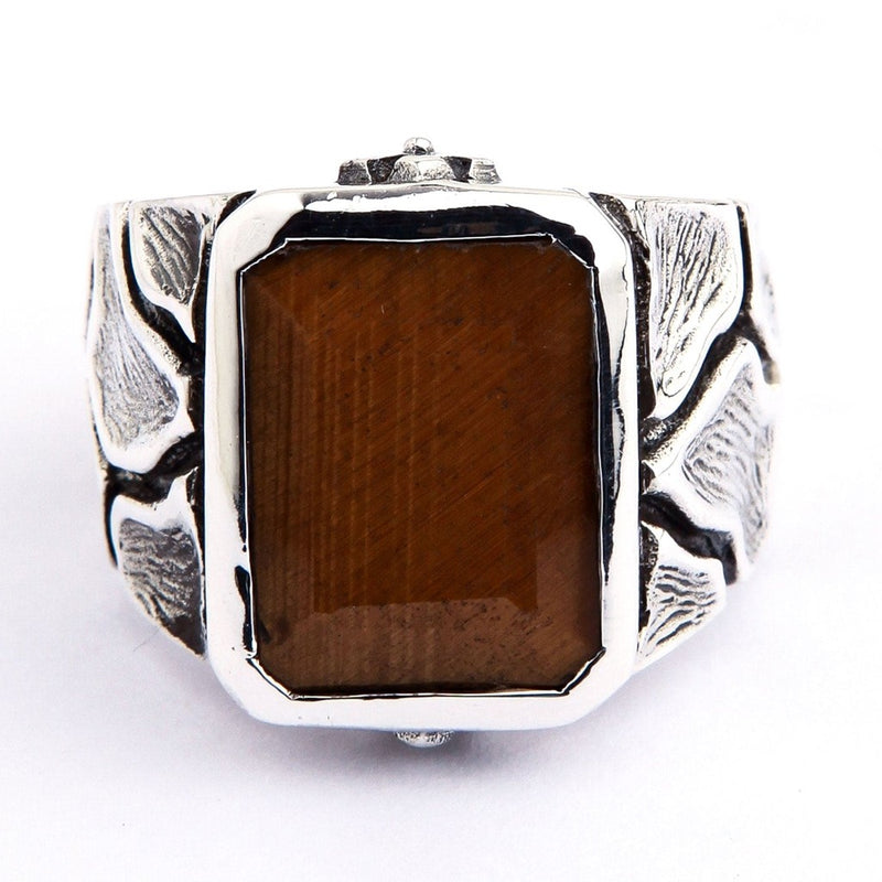 Front view of Tiger's Eye men's ring in 925 sterling silver with rectangular gemstone and cracked earth pattern