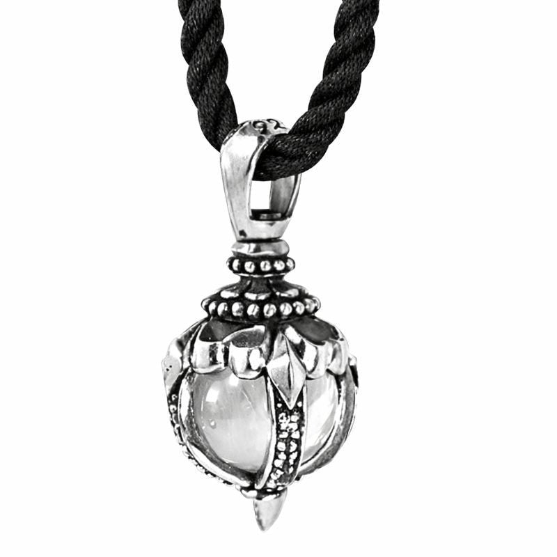 Front view of Tribal Blossom Moonstone Pendant showing clear moonstone and silver details