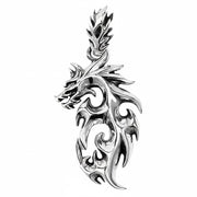 A front view of the highly polished tribal flame dragon pendant made from solid 925 sterling silver.