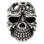 Front view of 925 sterling silver skull ring displaying hollow eye sockets and tribal forehead design