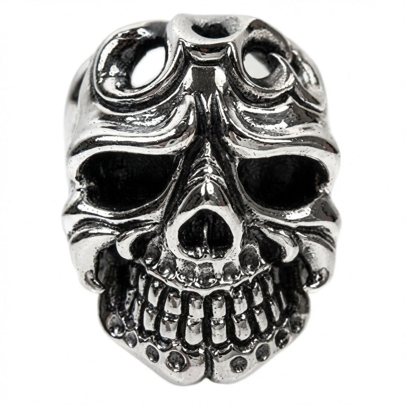 Front view of 925 sterling silver skull ring displaying hollow eye sockets and tribal forehead design