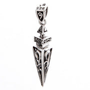 The tribal spearhead pendant in sterling silver, showing the intricate filigree interior.