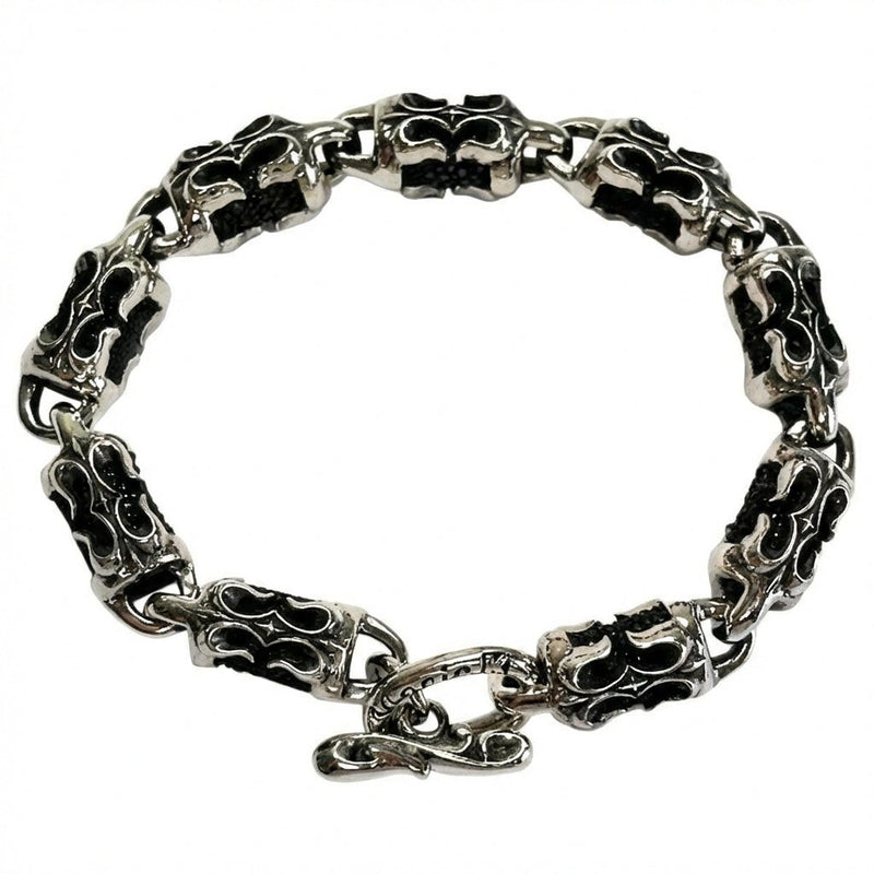 Tribal stingray leather 925 sterling silver biker bracelet with flame design top view