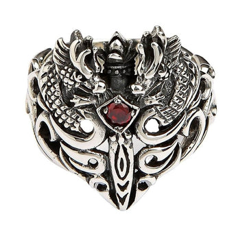 Top view of twin dragon guardian ring featuring blood-red garnet stone and symmetrical dragon design