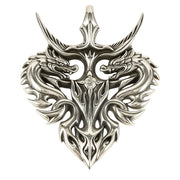 A front view of the handcrafted twin guardian dragon pendant in solid 925 silver.