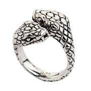 Adjustable sterling silver snake ring featuring two serpent heads facing each other with carved scale details
