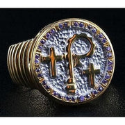A two-tone Christian crosier ring for men, featuring a gold bishop's staff symbol on a textured silver face with an amethyst halo.